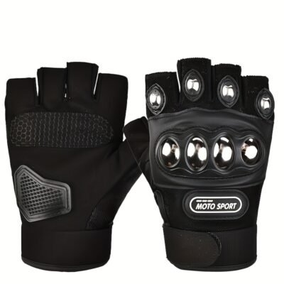 1 Pair of Black Steel Outdoor Knuckle Motorcycle Gloves, Half Finger Gloves, Unisex